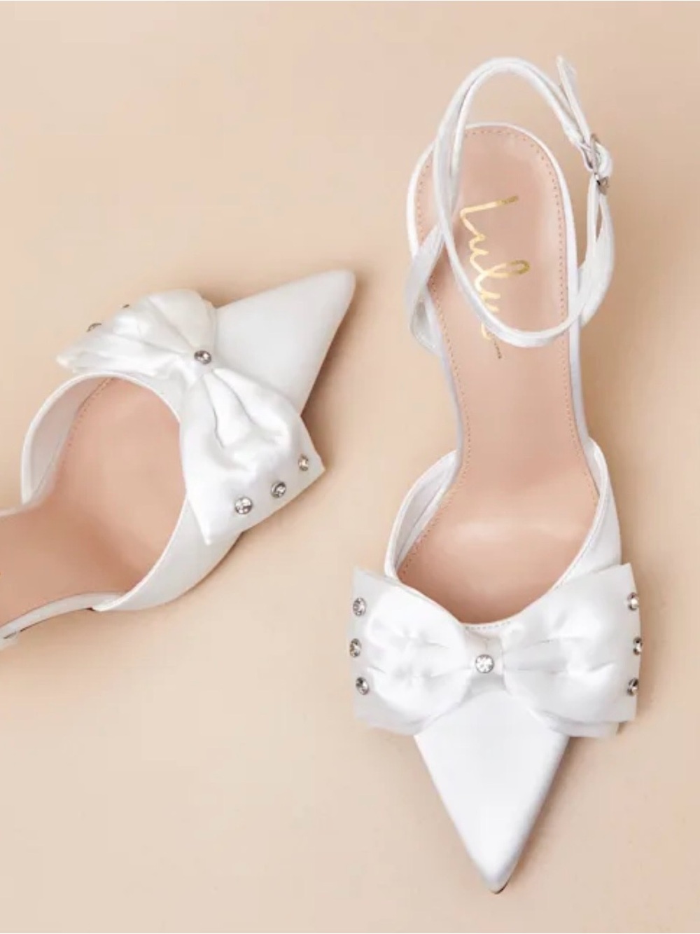 Lulu's White Satin Pointed-Toe Bow Slingback Heels